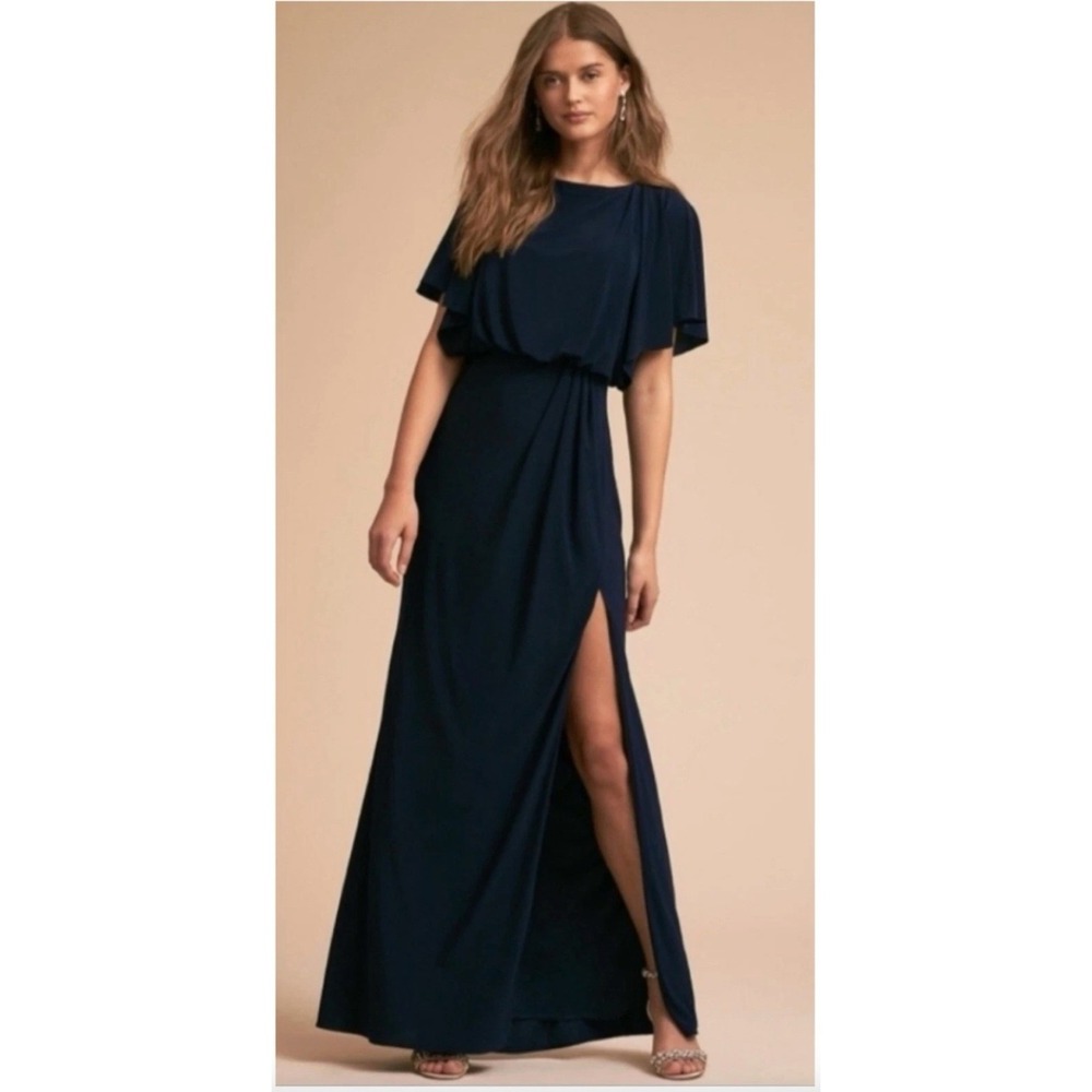 BHLDN Lena Flutter Sleeve Jersey Maxi Dress Navy Size 14 Black Tie